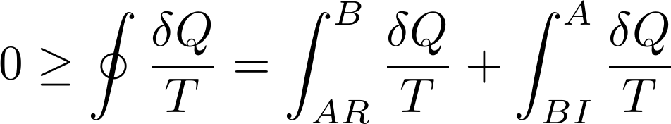  [0\ge \oint \frac {\delta Q}{T}= \int_{AR}^B \frac {\delta Q}{T} + \int_{BI}^A \frac {\delta Q}{T}] 